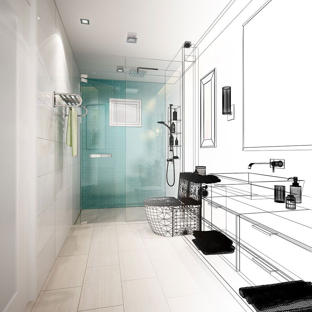 Eine Zeichnung eines Badezimmers mit ebenerdiger Dusche