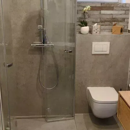 Ein Badezimmer mit Toilette, Dusche und Glastür.