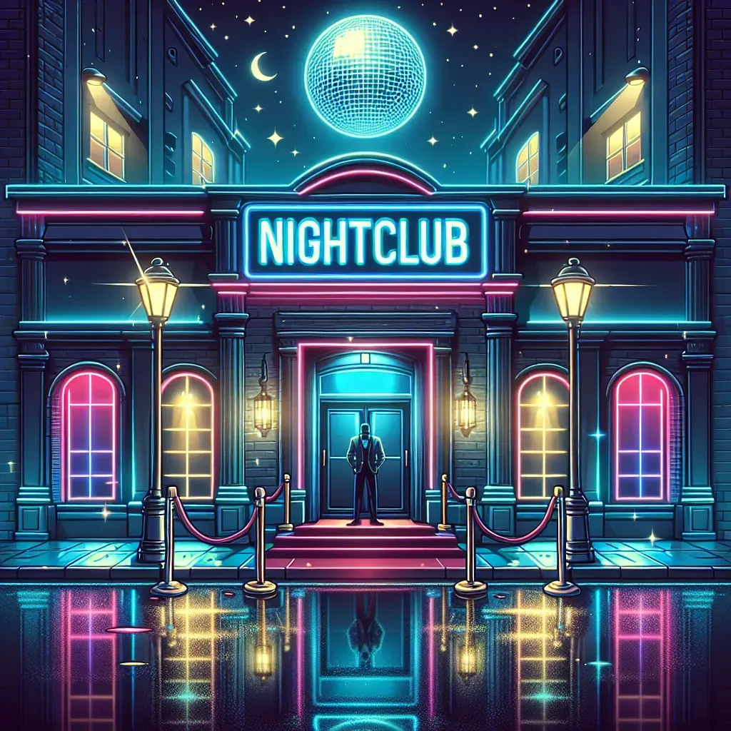 Una ilustración de pixel art de una discoteca con una bola de discoteca en el fondo.