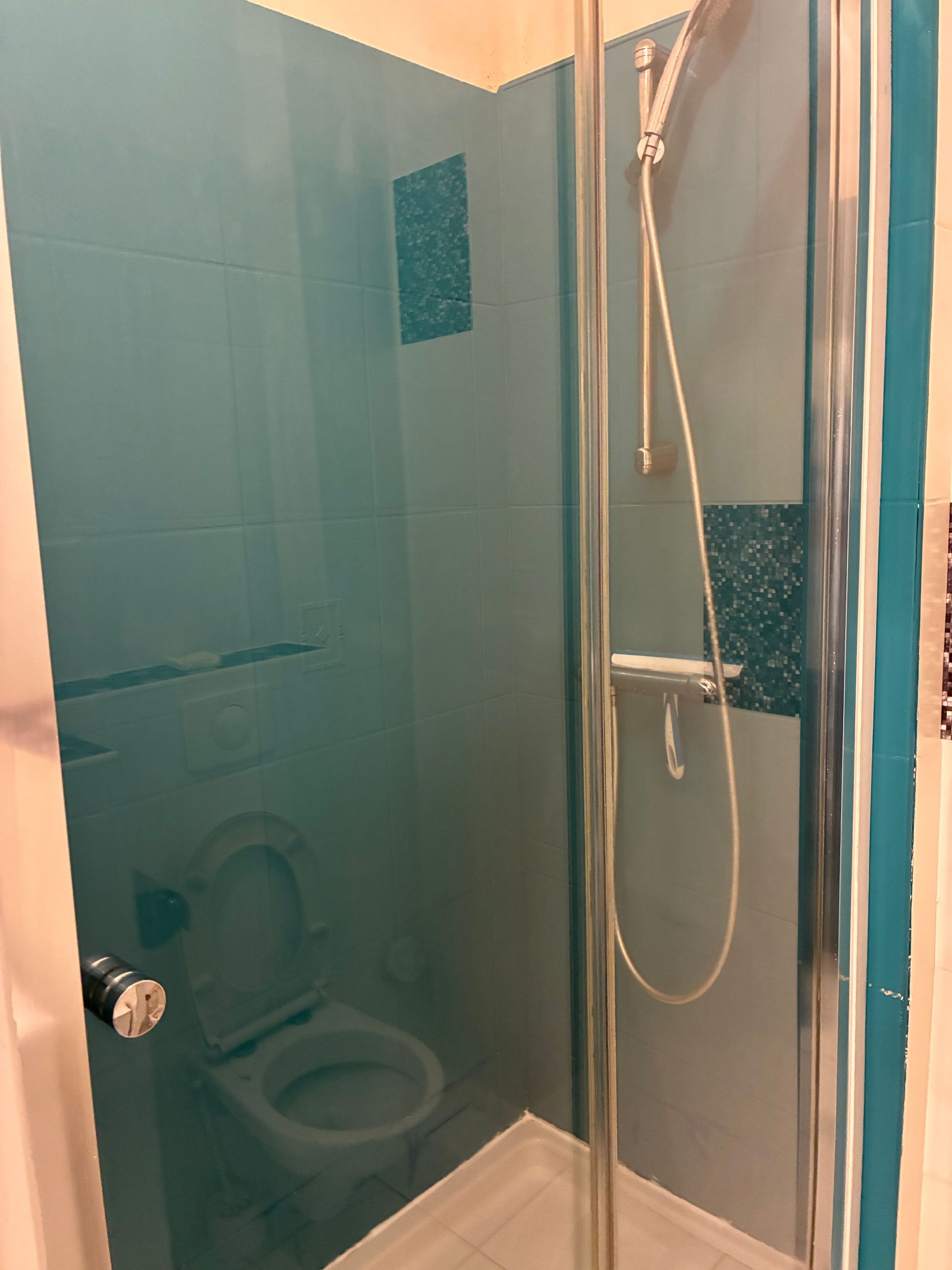 Petite salle de bains avec du carrelage turquoise, des toilettes et une cabine de douche vitrée équipée d’une douchette.
