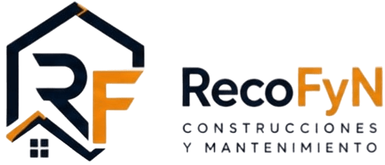 Logotipo de RecoFyN Construcciones y Mantenimiento con el icono estilizado de la casa RF en negro y naranja.
