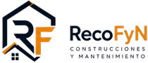 Logotipo de RecoFyN Construcciones y Mantenimiento con el icono estilizado de la casa RF en negro y naranja.