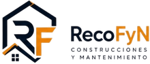 Logotipo de RecoFyN Construcciones y Mantenimiento con el icono estilizado de la casa RF en negro y naranja.