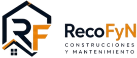 Logotipo de RecoFyN Construcciones y Mantenimiento con el icono estilizado de la casa RF en negro y naranja.