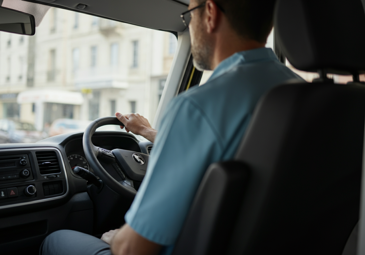 Un conducteur en chemise bleue conduit une voiture depuis le siège avant, vue de l'arrière.