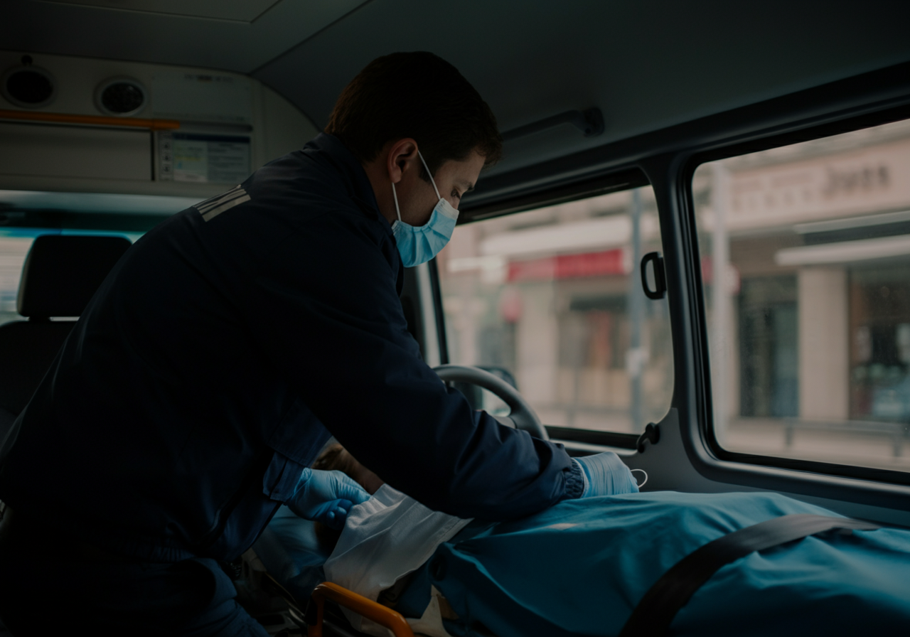 Un médecin masqué se penche sur un patient allongé sur une civière à l'intérieur d'une ambulance.