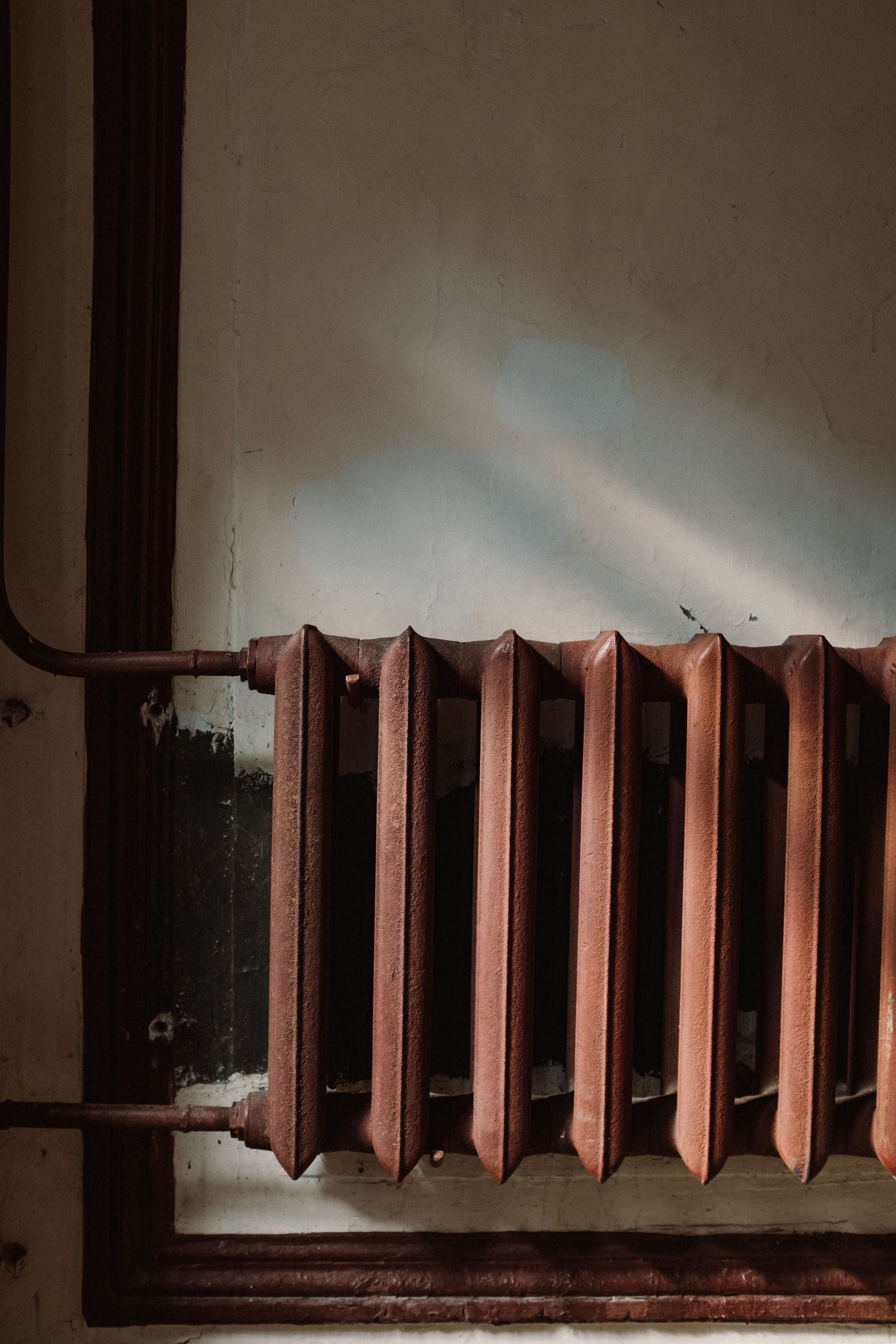 Zwei hohe, graue Warmwasserbereiter stehen in einem Hauswirtschaftsraum neben gestapeltem Brennholz und einer Metallleiter.