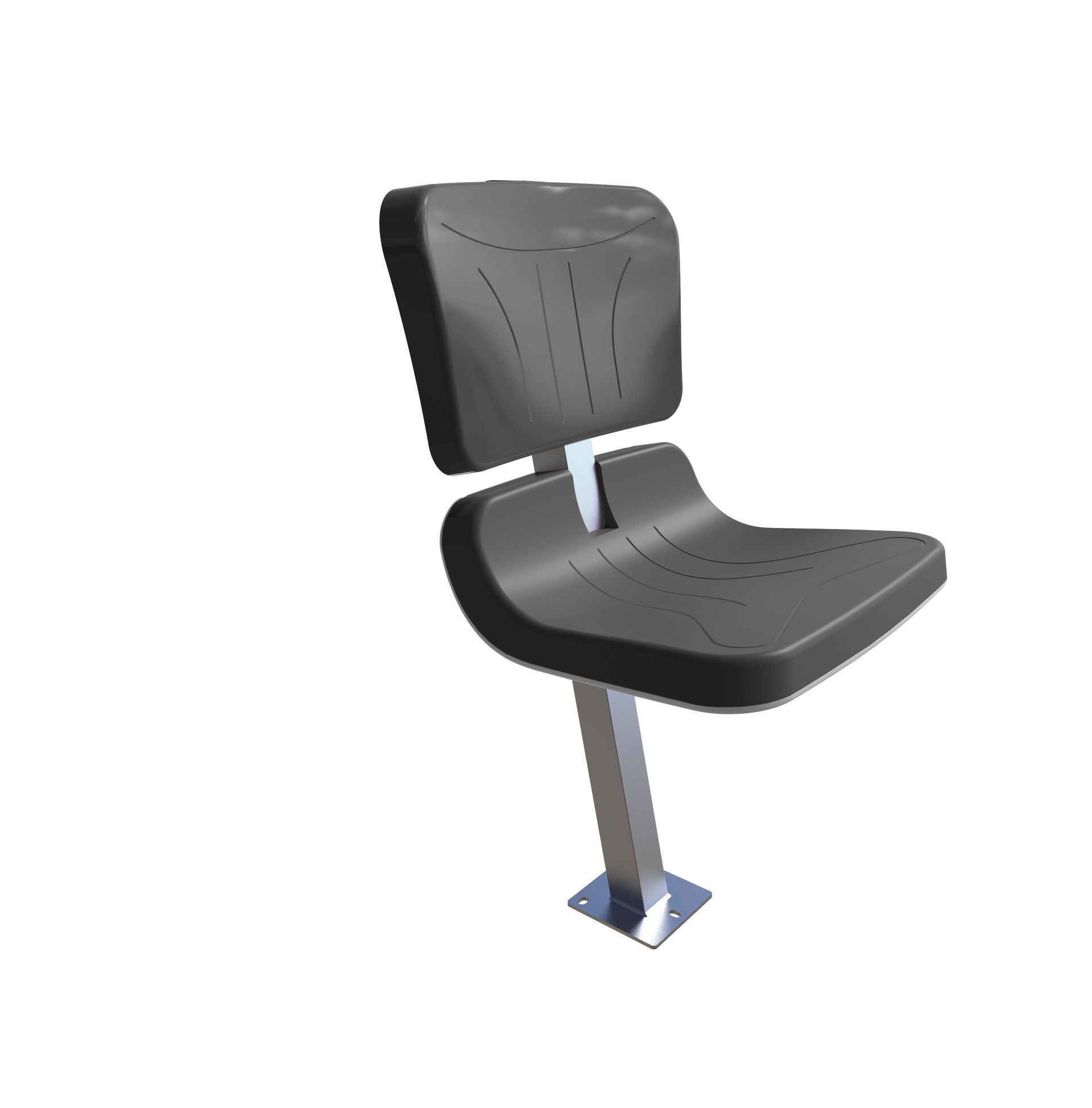 Auf einem Metallpfosten ist ein schwarzer, rückenloser Sitz mit Rückenlehne montiert.