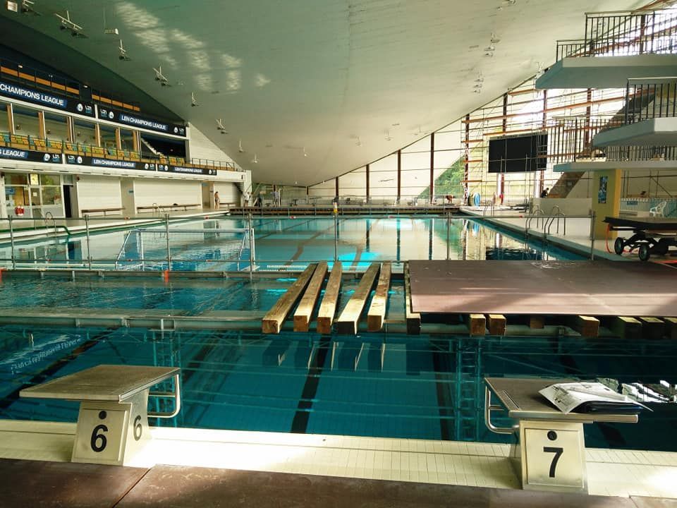 Hallenschwimmbecken mit olympischen Maßen, Sprungbrettern und Startblöcken. Heller, gut beleuchteter Raum.