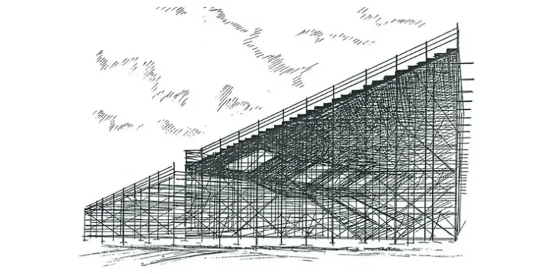 Schwarz-Weiß-Skizze einer Tribüne mit Sitzreihen, einer Holzkonstruktion und einem bewölkten Himmel im Hintergrund.