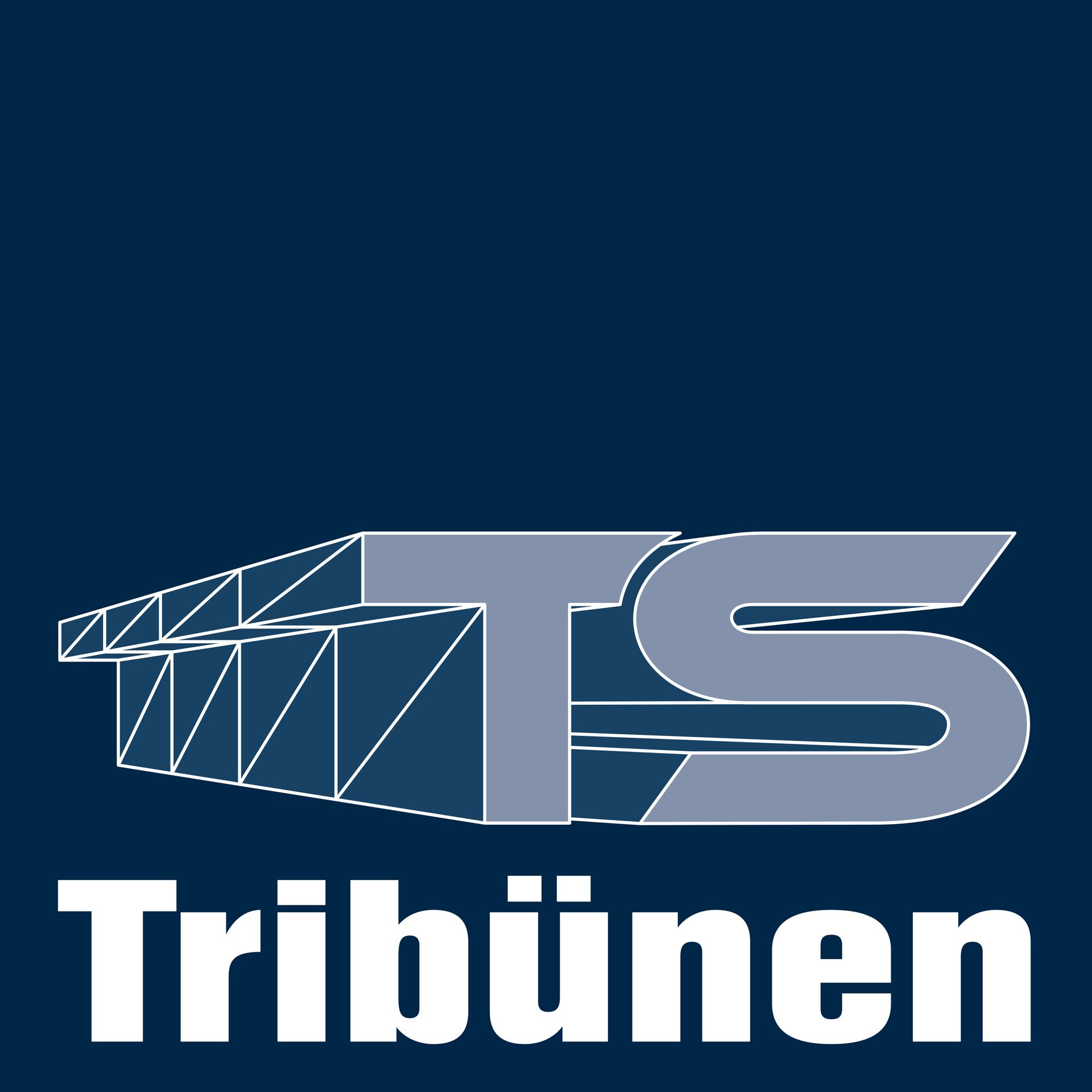 Logo des Bauunternehmens Tribünen. Mit Stadiongrafik und den Initialen „TS“ in Grau auf blauem Hintergrund. Darunter „Tribünen“.