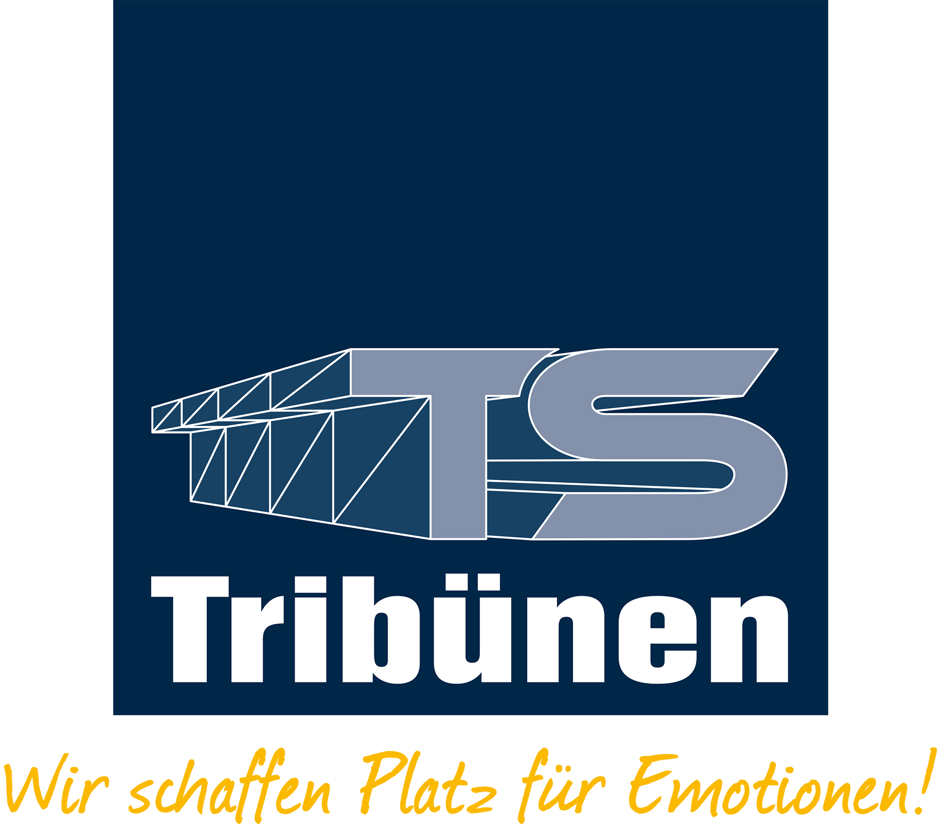 Logo of "Tribünen" with the letters TS, a stadium outline, and the slogan "Wir schaffen Platz für Emotionen!" in German.