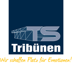 Logo of "Tribünen" with the letters TS, a stadium outline, and the slogan "Wir schaffen Platz für Emotionen!" in German.