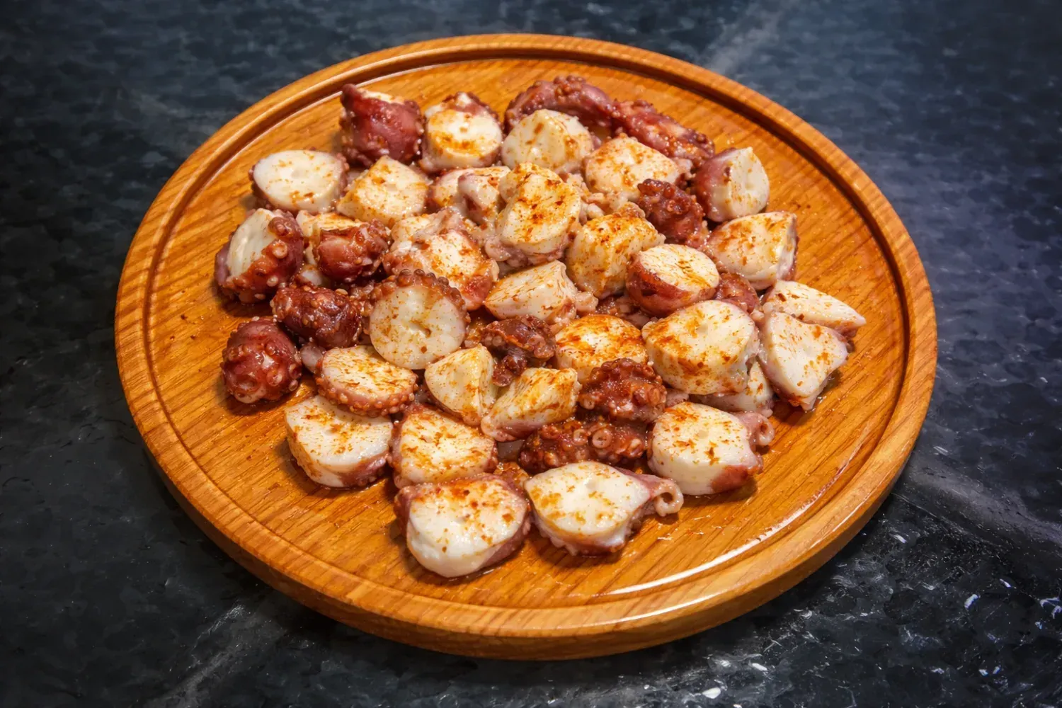 Pulpo cocido, cortado en rodajas y condimentado con pimentón, sobre una tabla redonda de madera para servir.
