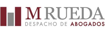 Logo de M Rueda Despacho de Abogados, en granate y gris, con icono de columnas rectangulares.