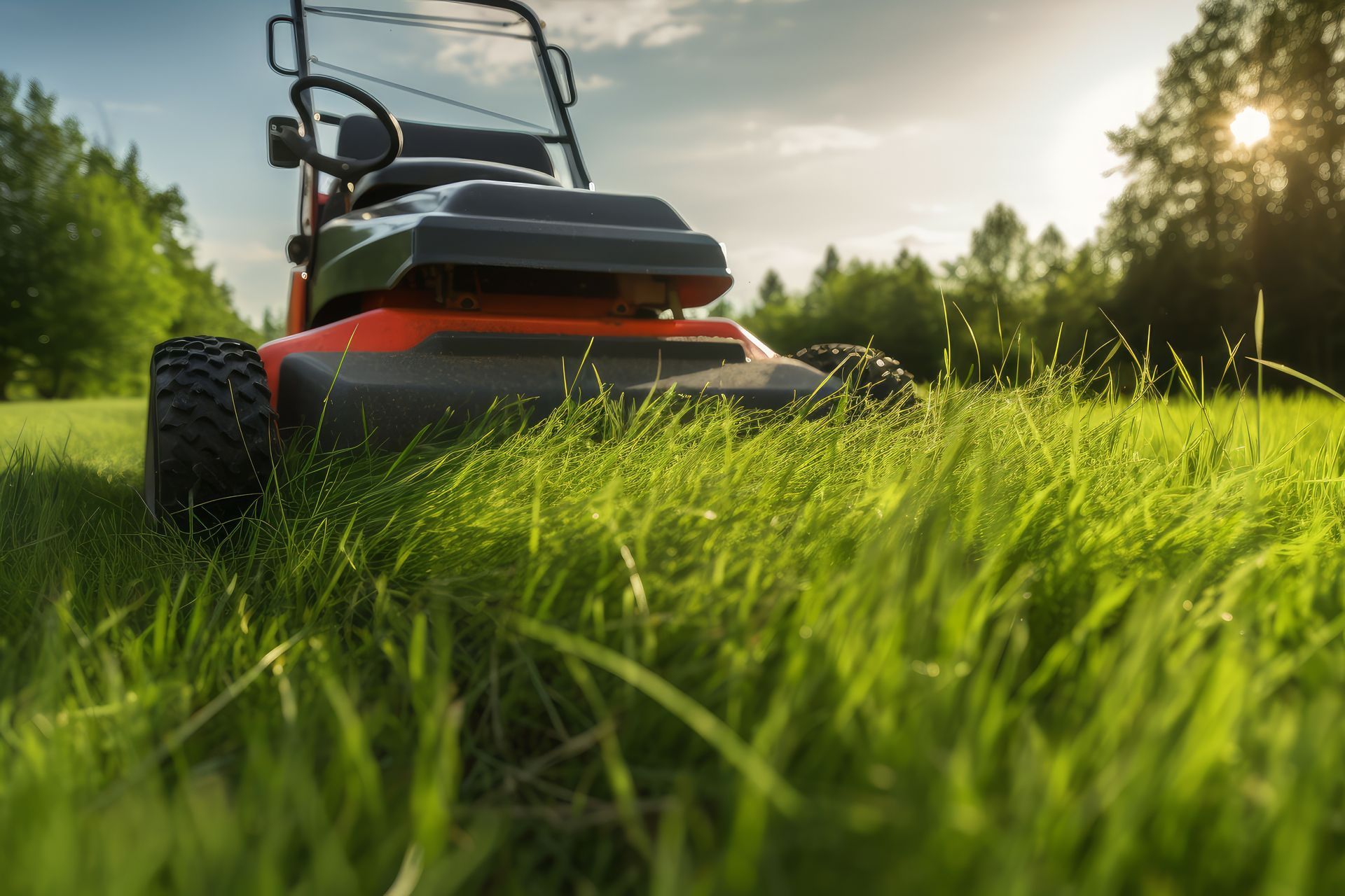 Tondeuse à gazon autoportée coupant de hautes herbes vertes dans une cour ensoleillée