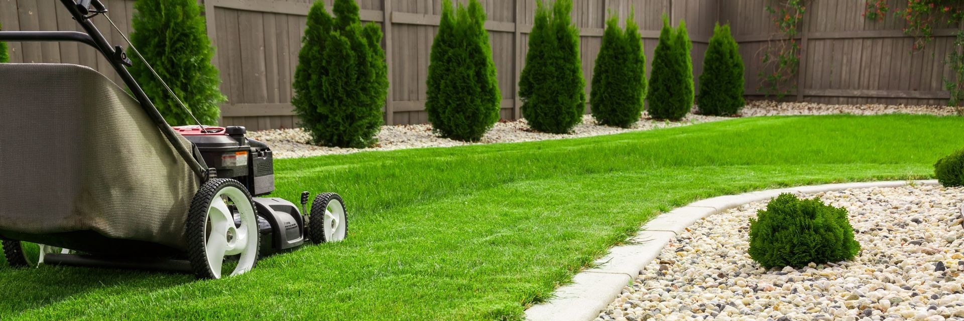Une tondeuse à gazon coupe l'herbe d'un vert éclatant le long d'un chemin de jardin en pierre sinueux et bordé d'arbustes.