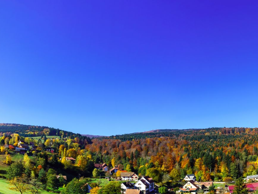 Village coloré à flanc de colline en automne sous un ciel bleu clair