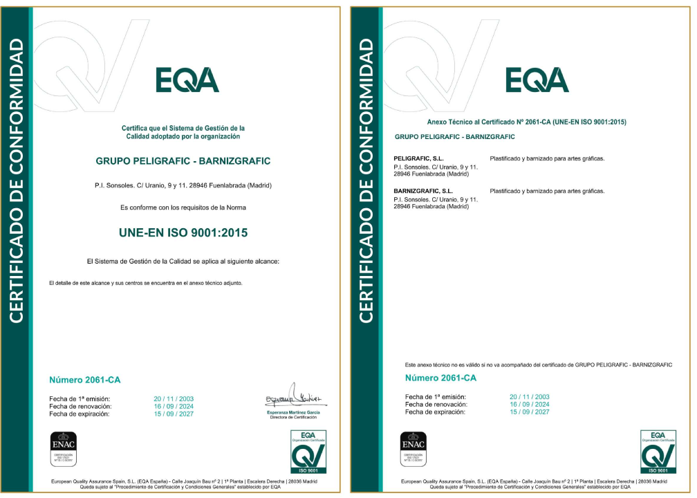 Dos certificados de conformidad con la norma ISO 9001:2015 de EQA. Uno para GRUPO PETROCHIMIC y otro con el mismo logotipo y texto.