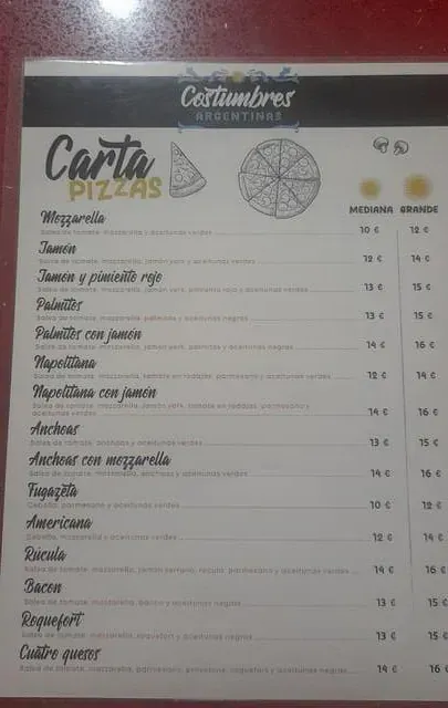 Sobre una mesa roja hay un menú de pizzas a la carta.