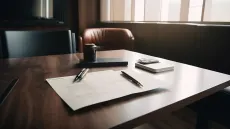 Una mesa de madera con un trozo de papel y un bolígrafo encima.