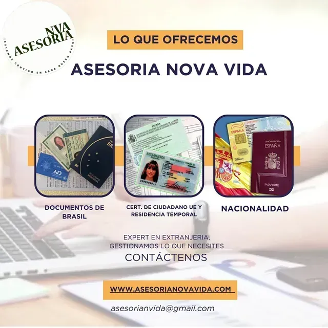 Un anuncio de Asesoría Nova Vida muestra pasaportes y tarjetas.