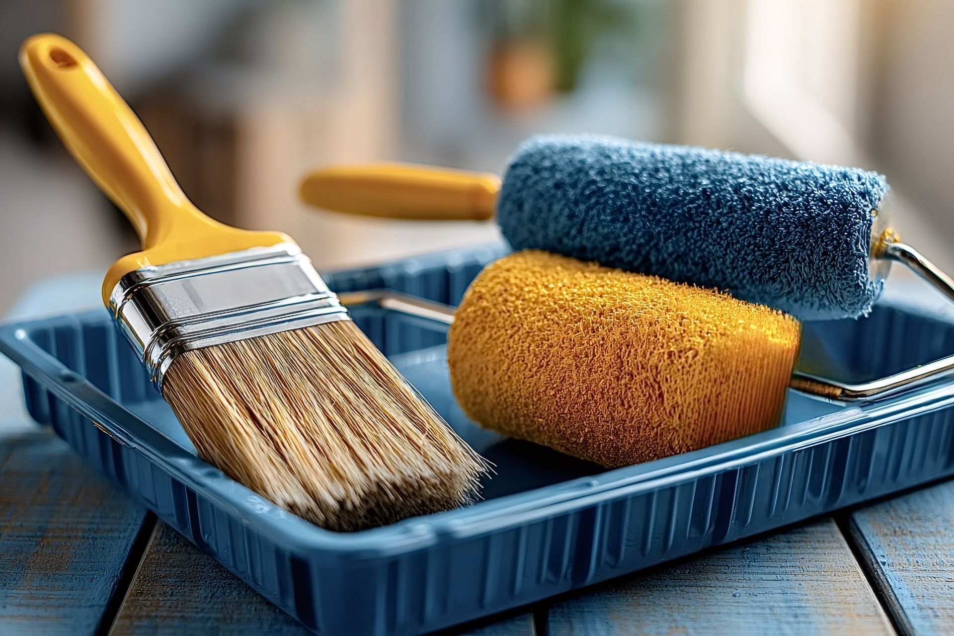 Plateau de peinture avec pinceau jaune, rouleau bleu et éponge jaune.