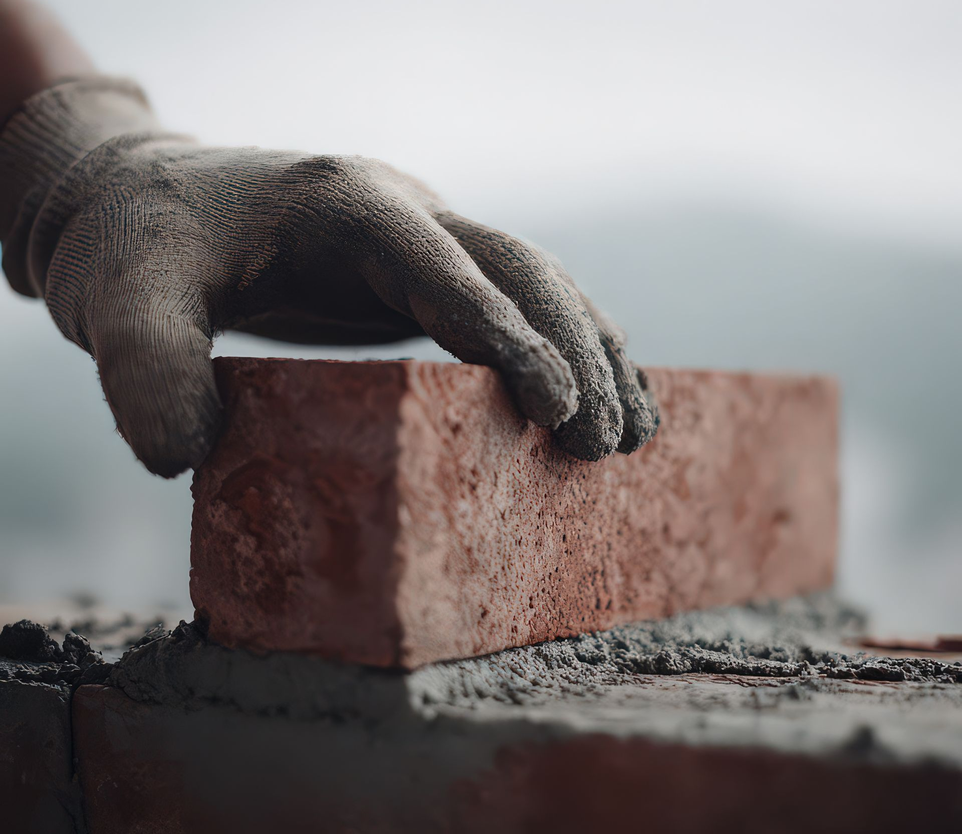 Main gantée posant une brique rouge sur du mortier.