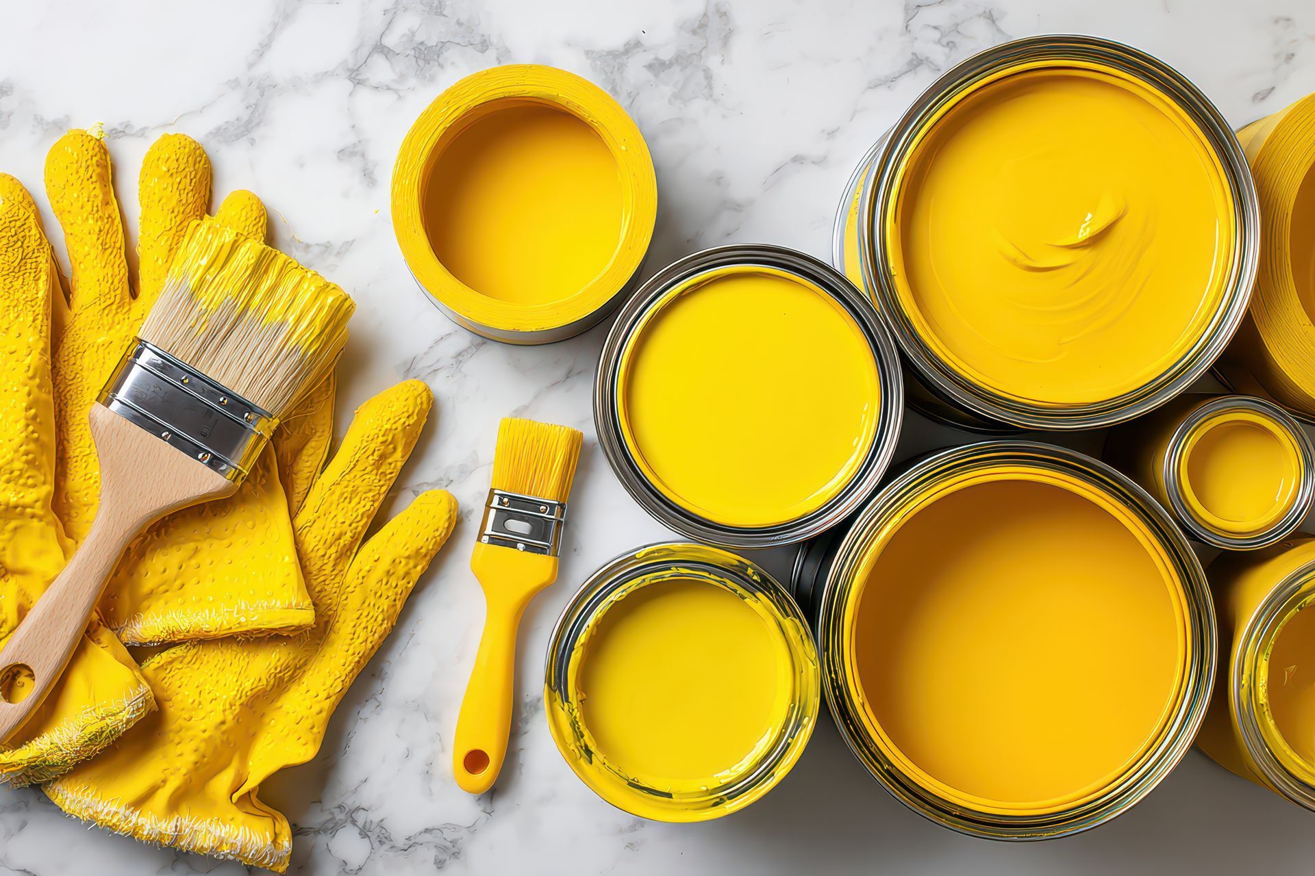 Pots de peinture jaune, pinceaux et gants sur une surface en marbre.
