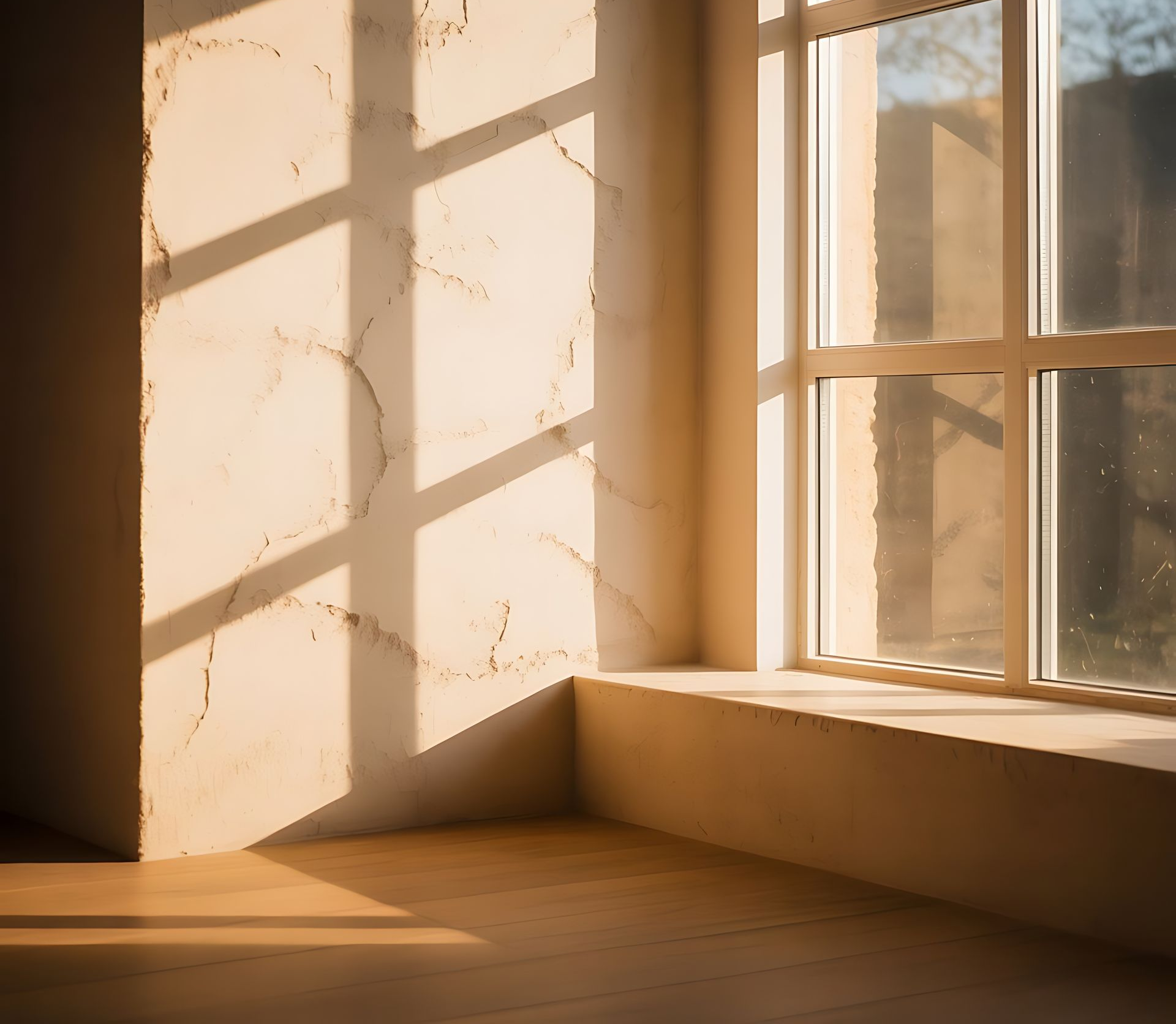 La lumière du soleil filtre à travers une fenêtre, projetant des ombres sur un mur texturé et un parquet.