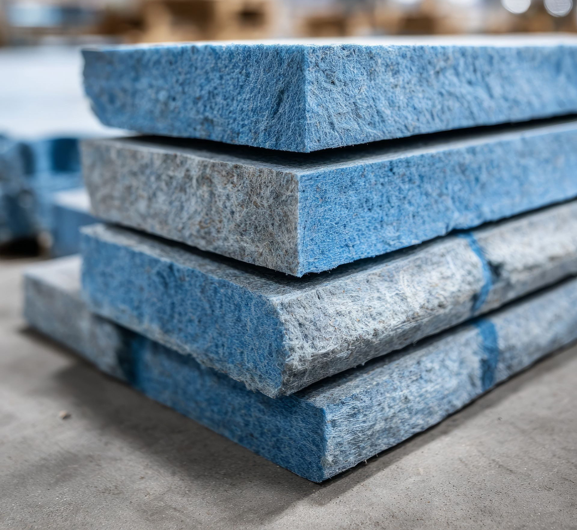 Empilement de matériau poreux rectangulaire bleu et gris sur une surface en béton.