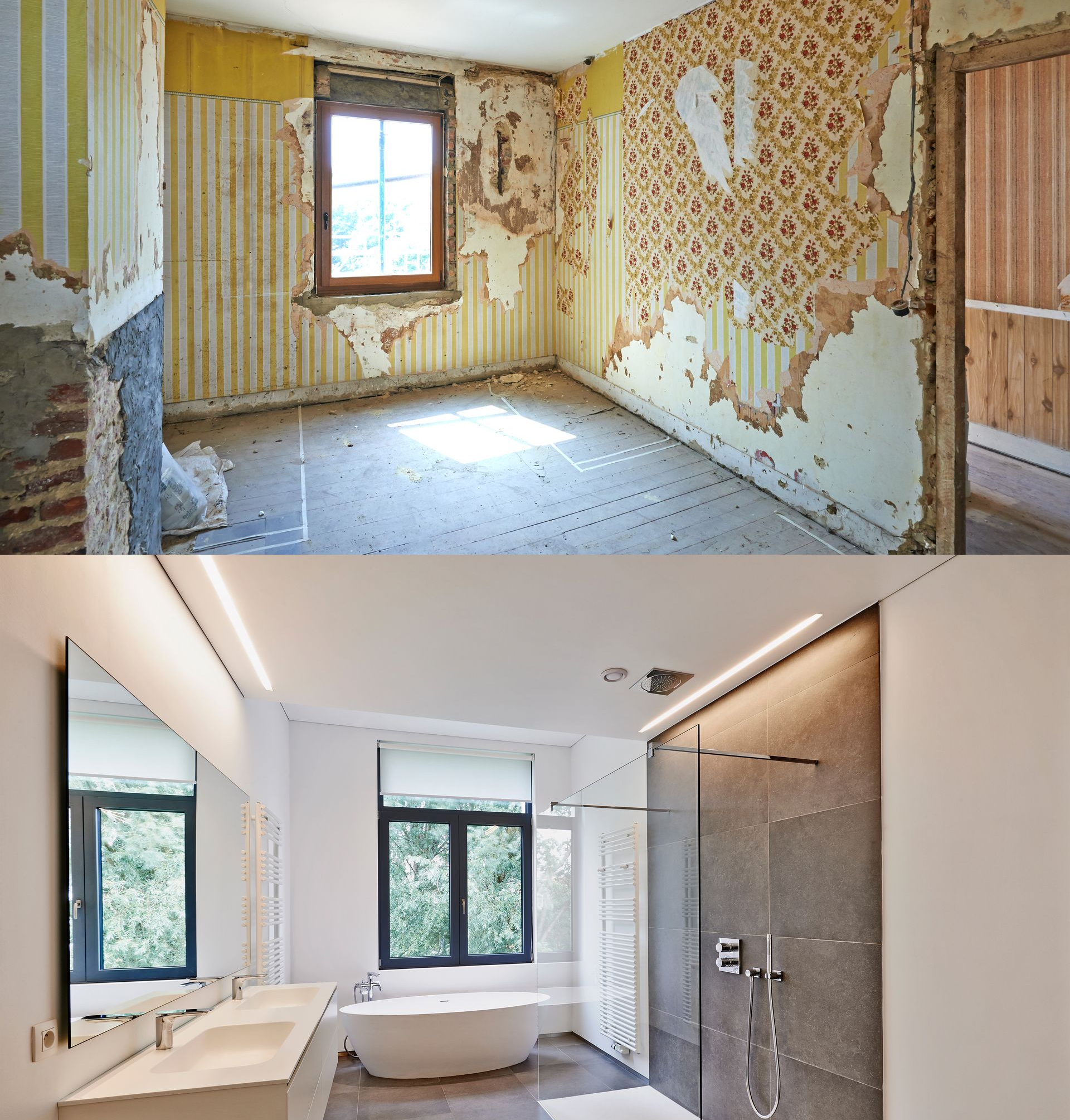 Photos avant/après de la rénovation d'une pièce ; la photo du haut montre une pièce délabrée, celle du bas une salle de bains moderne.