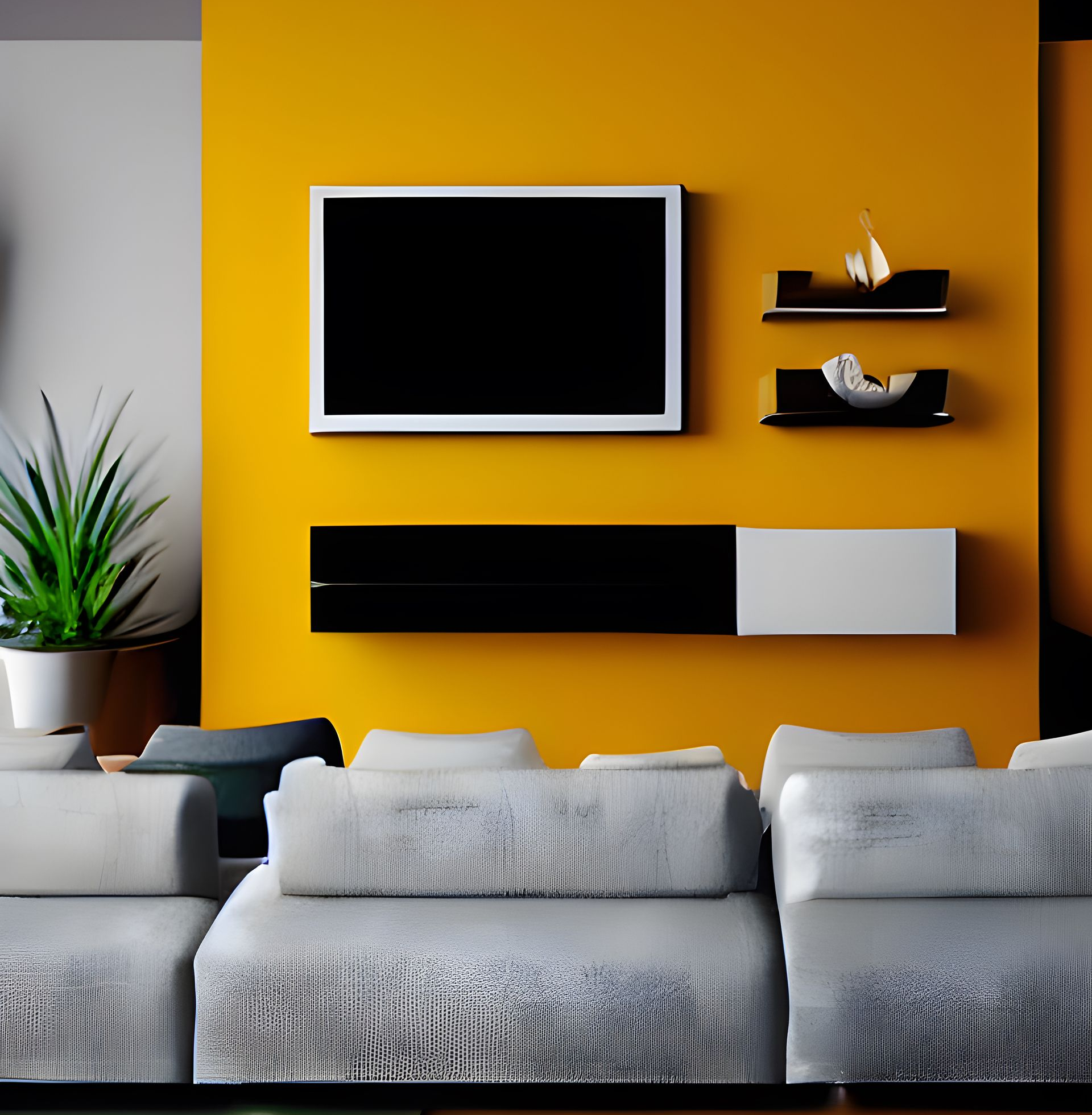 Salon avec mur jaune, télévision, étagères flottantes, console noir et blanc, canapé gris et plante en pot.