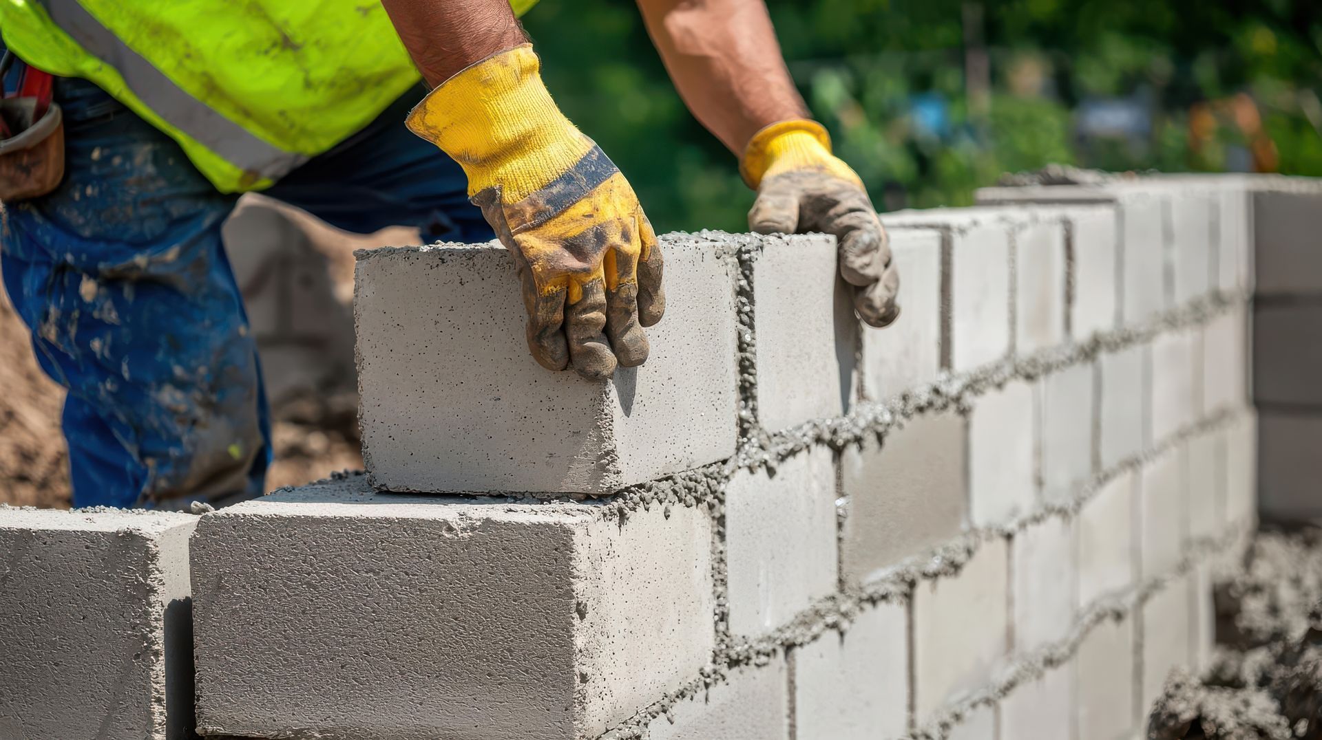 Un ouvrier du bâtiment portant des gants place un bloc de béton sur un mur.