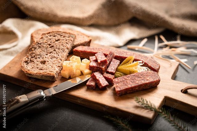Wurstplatte mit geschnittener Wurst, Käse und Brot auf einem Holzbrett mit einem Messer
