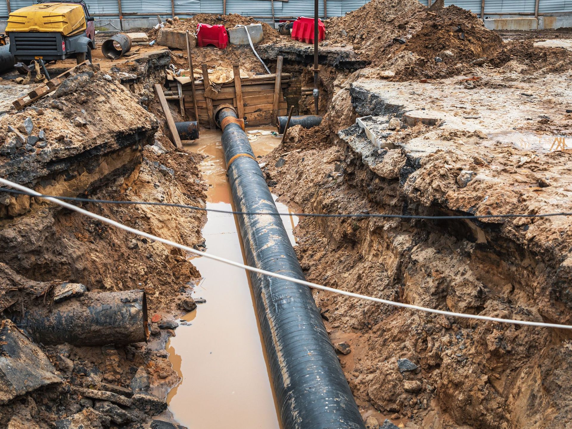Se está instalando una tubería de gran tamaño en el suelo de una obra en construcción.