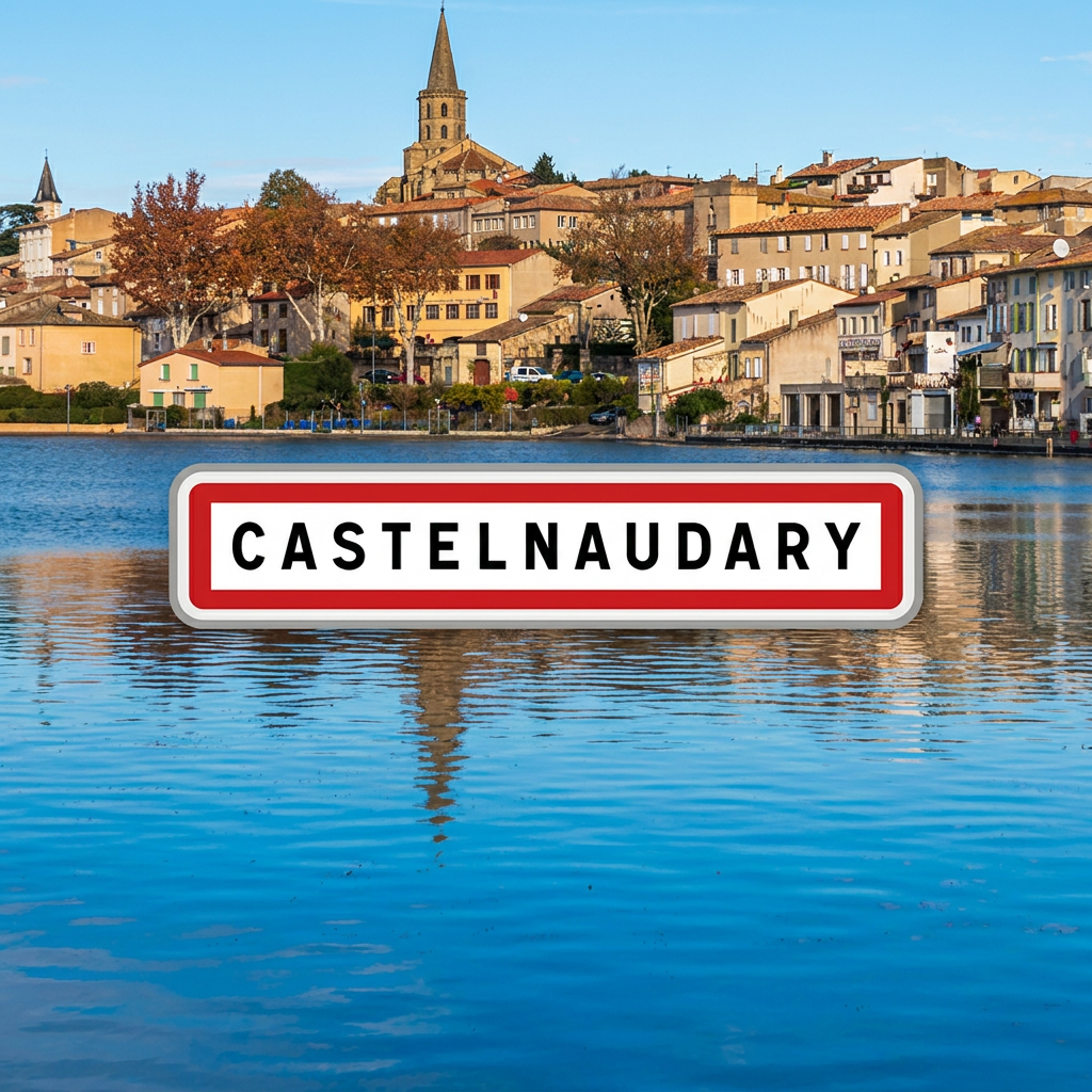 Vue de Castelnaudary, canal du midi, église et maisons, avec la pancarte de la commune au centre