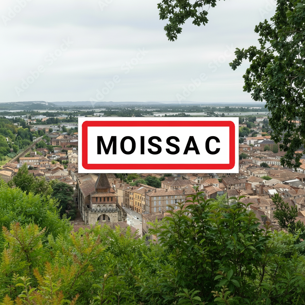 Moissac, vue sur les toits de la ville et pancarte de la commune au centre