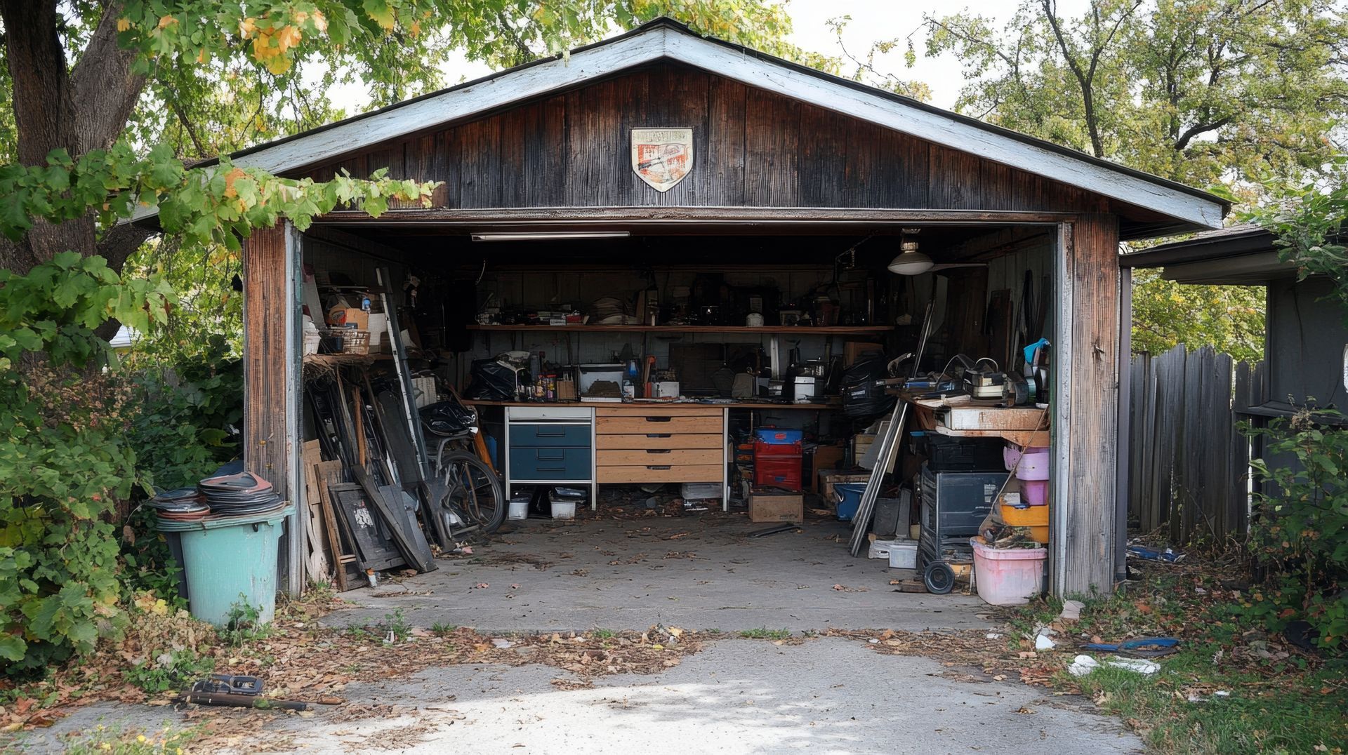 Garage ouvert encombré d'outils, de bacs de rangement et d'articles de jardin sous un toit en bois usé.