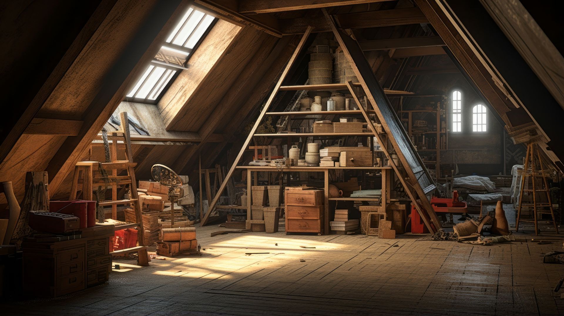 Atelier sombre sous les combles, avec poutres apparentes, une étagère en forme d'échelle, des outils, des caisses…