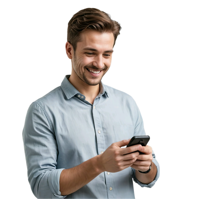 Un homme souriant en chemise bleu clair regarde un smartphone sur un fond blanc uni.
