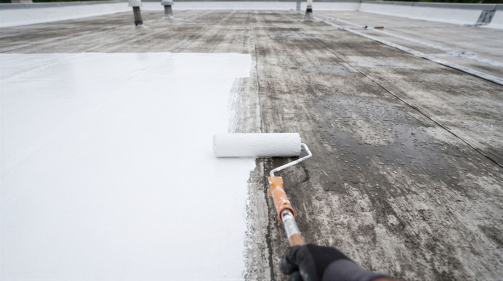 Application au rouleau à peinture d'un enduit de blanc sur un toit à côté d'une zone grise humide