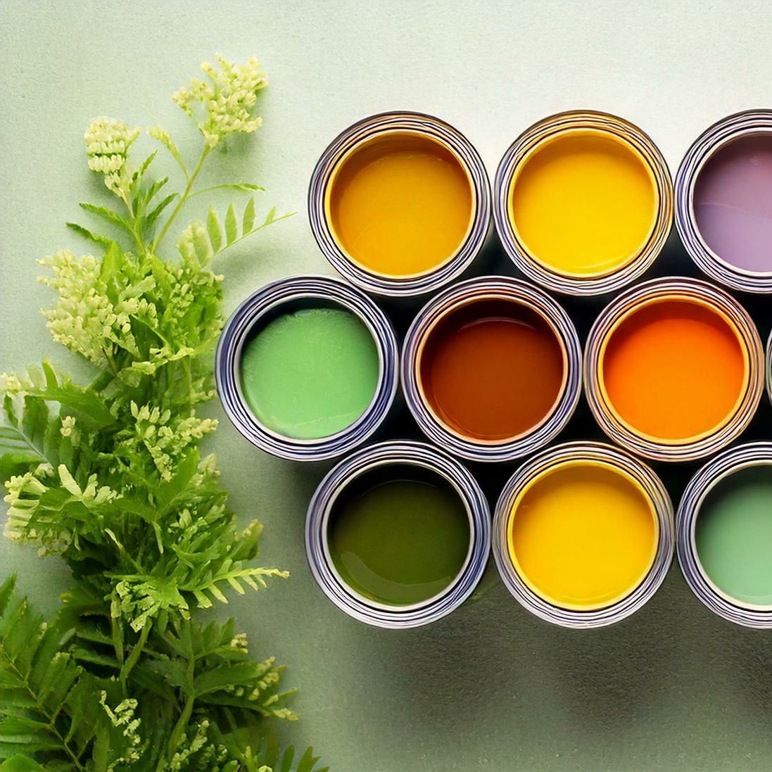 Des pots de peinture colorés disposés en grille à côté d'un feuillage vert sur un fond pâle