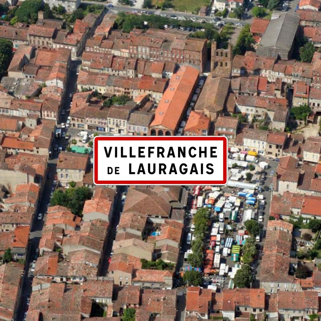 Vue aérienne d'une ville aux toits rouges avec un panneau indiquant Villefranche-de-Lauragais