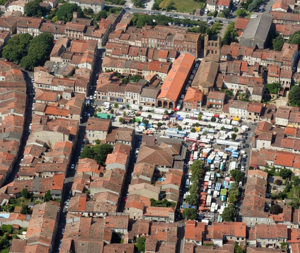 Vue aérienne d'immeubles et de maisons aux toits rouges, dans un quartier urbain dense.