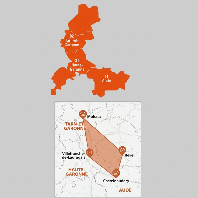 Carte d'une partie de l'Occitanie montrant les départements du Tarn-et-Garonne, de la Haute-Garonne et de l'Aude