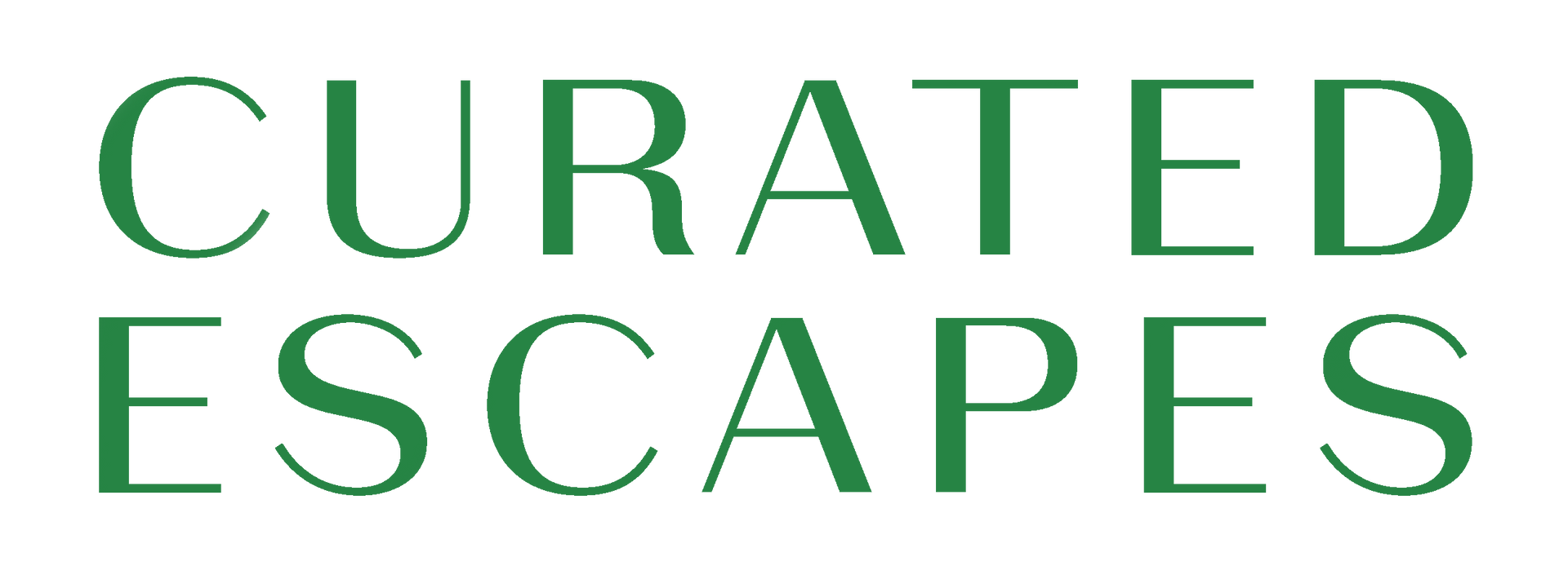 CURATED ESCAPES logo in black serif text on a white background