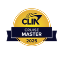 CLIA Cruise Master 2025 badge in yellow, navy, and white with ribbon banner