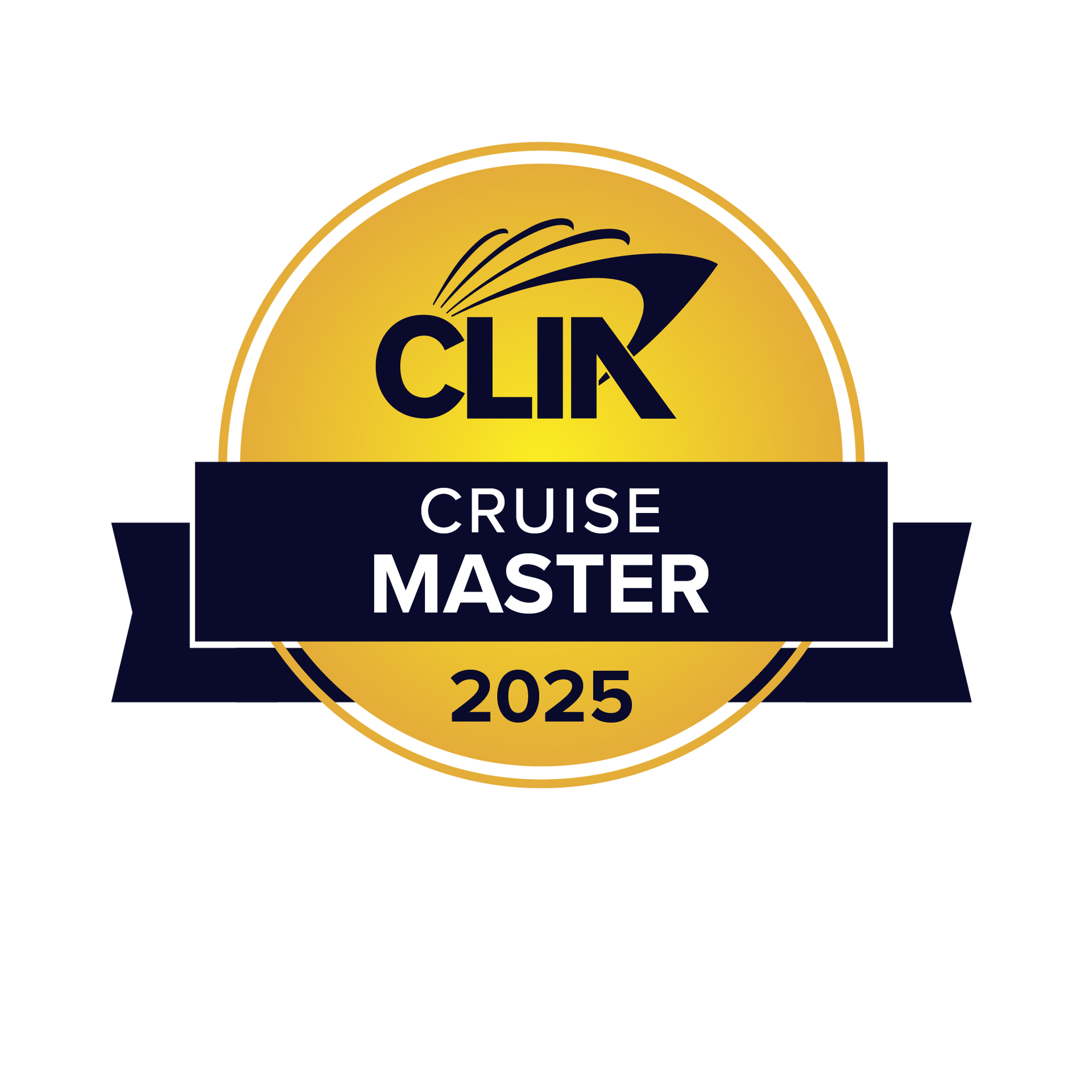 CLIA Cruise Master 2025 badge in yellow, navy, and white with ribbon banner