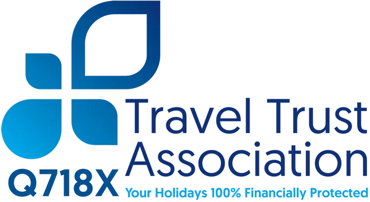 Travel Trust Association logo with blue icon and text, plus Q718X and “Your Holidays 100% Financially Protected”